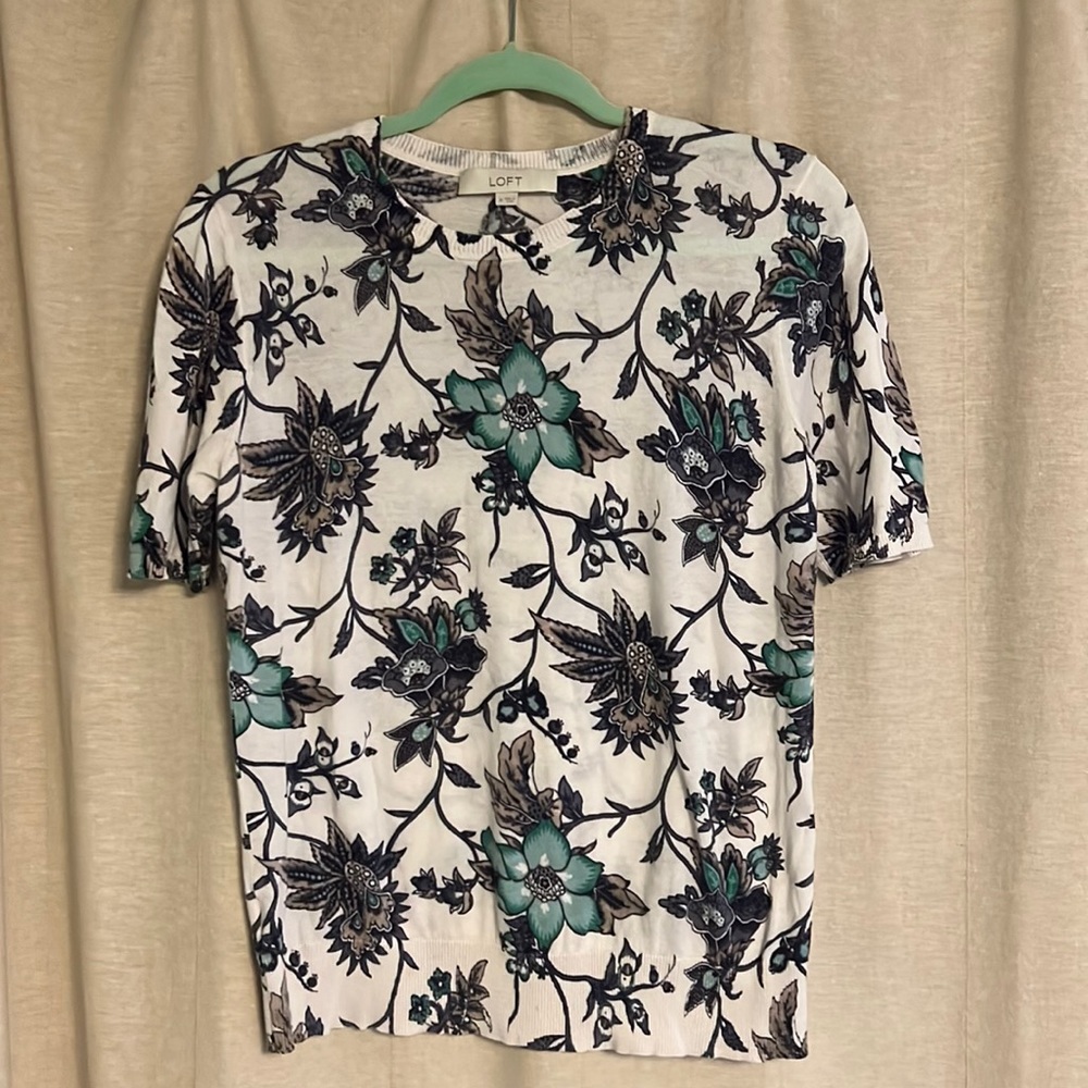 Floral short sleeve cotton sweater